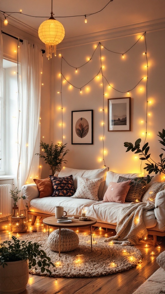 earthy boho living room -Cozy living room with string lights, plants, and boho decor.