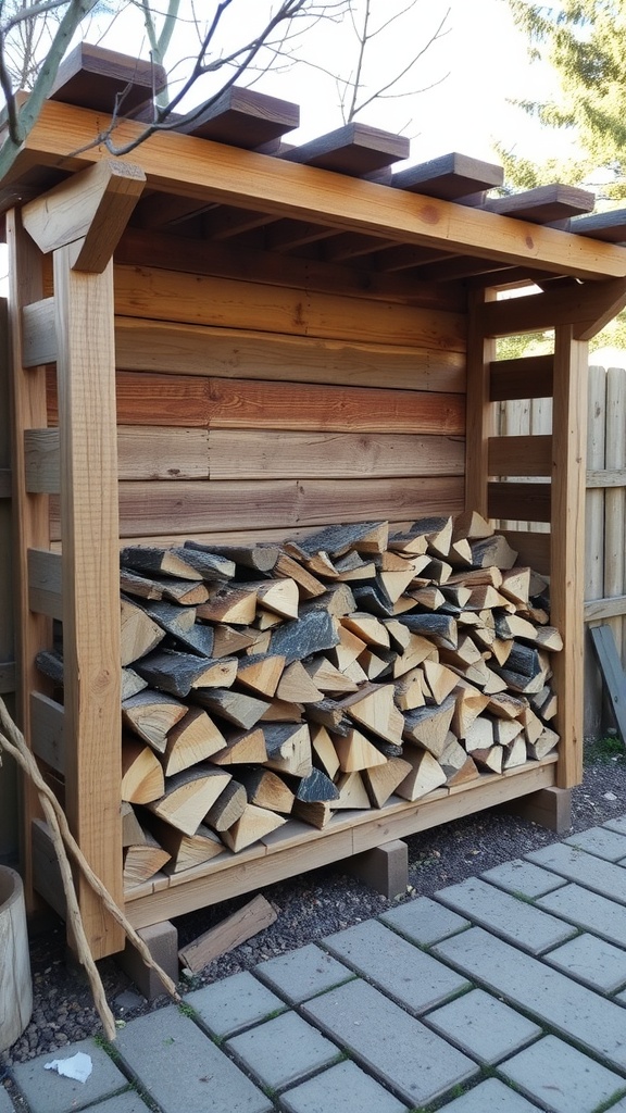 Wooden firewood storage area with neatly stacked logs