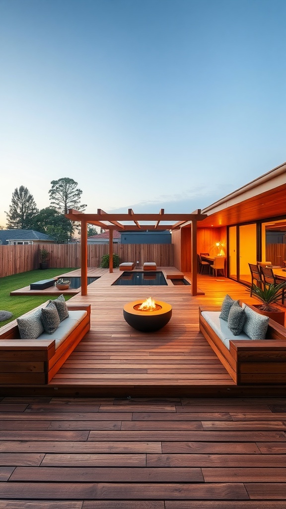 A timber deck with built-in seating and a fire pit, showcasing a stylish outdoor area.