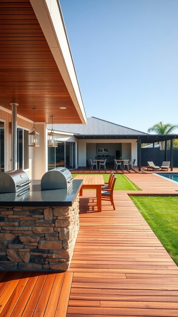 Outdoor kitchen and dining deck featuring a timber deck, stone barbecue area, and seating.