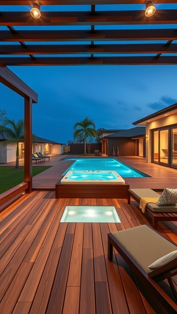 A stylish timber deck with a hot tub, lounge chairs, and ambient lighting.