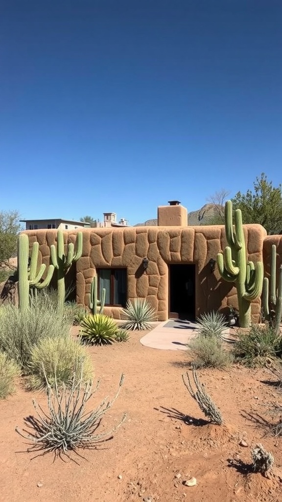Adobe-style home surrounded by desert plants and clear blue sky