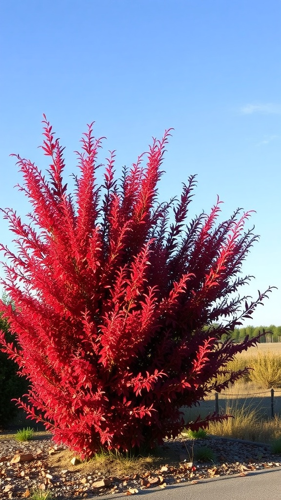 23 Stunning Evergreen Shrubs to Enhance Your Garden 14 A vibrant Compact Burning Bush with bright red foliage against a clear blue sky.