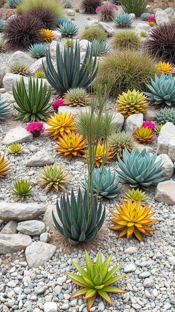 A colorful arrangement of drought-tolerant succulents in a landscaped garden.