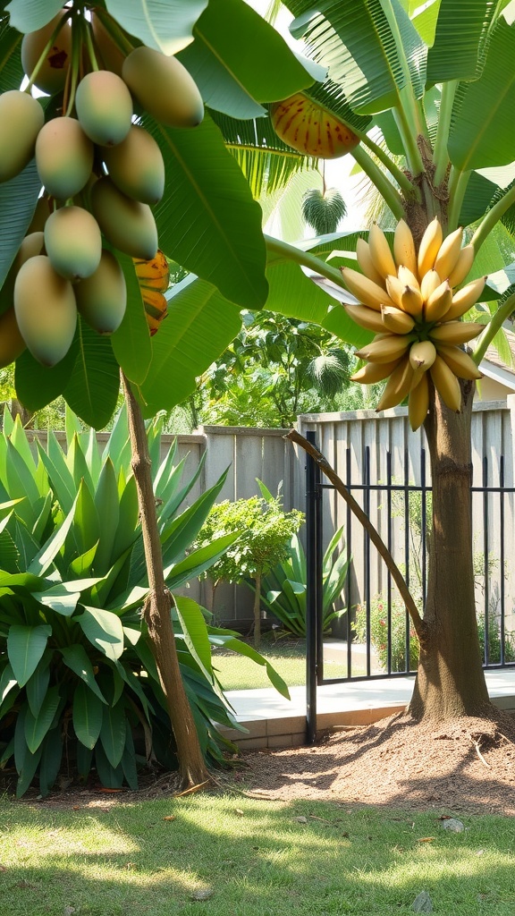 Tropical backyard with fruit trees, including bananas and other exotic fruits.
