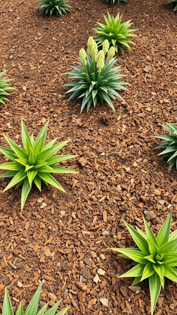 Fire-resistant landscaping with green plants and brown mulch