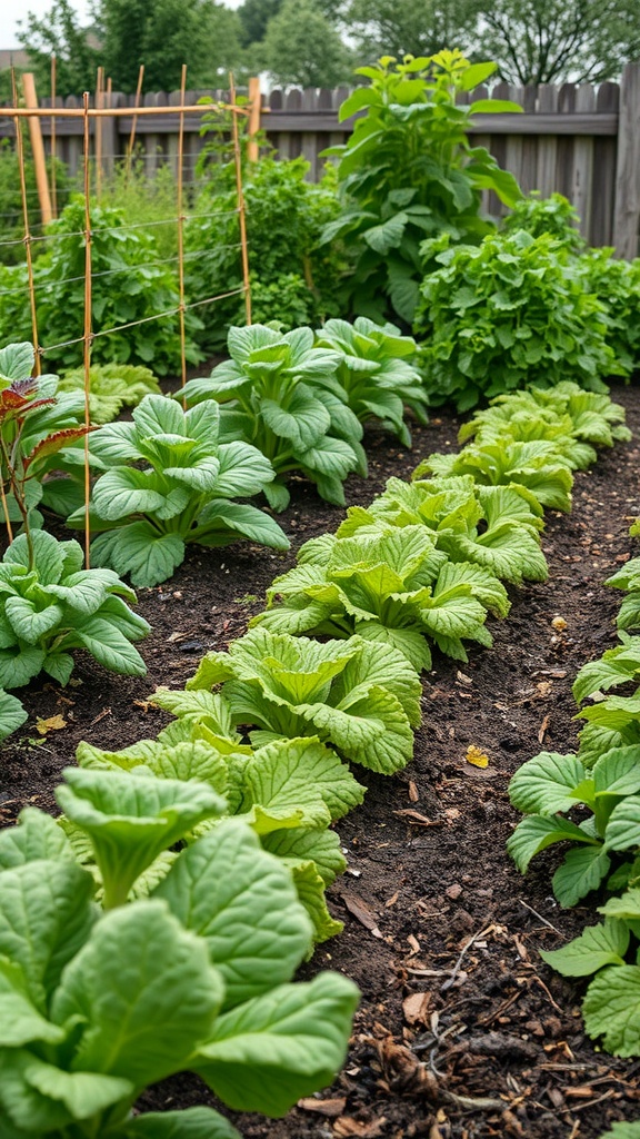 A vibrant vegetable garden with lush green plants growing in neat rows, surrounded by a wooden fence.