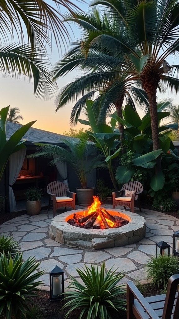 Cozy fire pit surrounded by tropical plants in a backyard setting