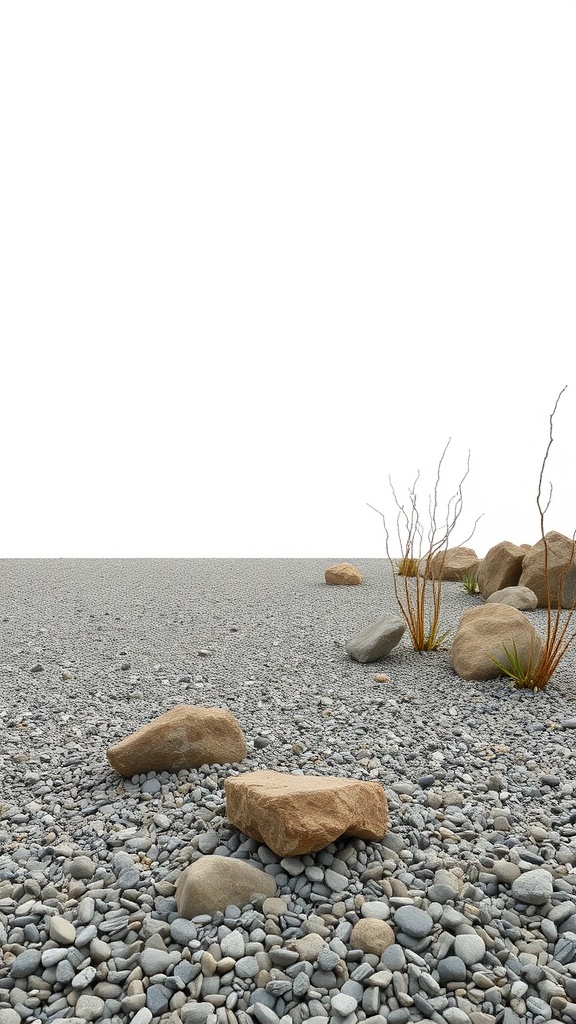 A landscape covered with various sizes of gravel stones with a few plants scattered throughout.