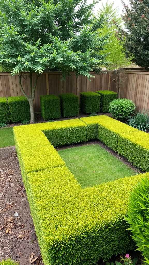 23 Stunning Evergreen Shrubs to Enhance Your Garden 7 A garden featuring neatly trimmed boxwood shrubs in bright green, arranged in a square shape.