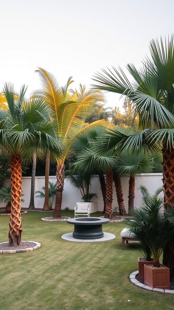 A tropical backyard featuring palm trees arranged around a modern fire pit and seating area.