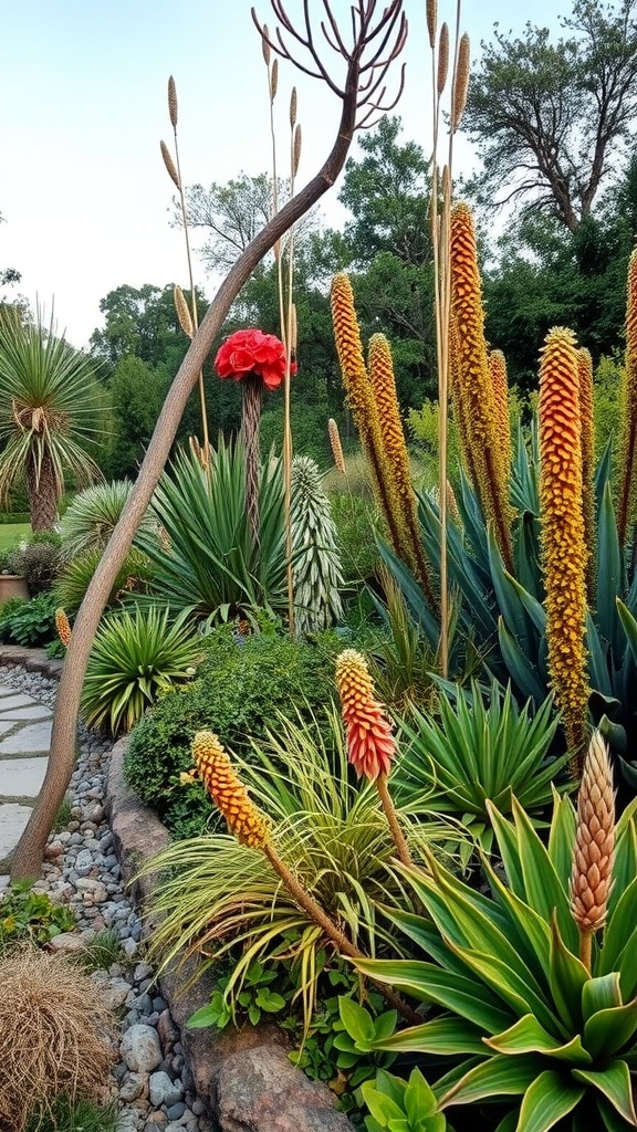 A vibrant native plant garden featuring tall spiky plants and a striking red bloom, showcasing various textures and colors.