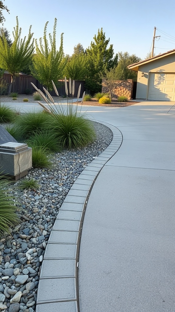 A landscaped area featuring permeable pavement with decorative stones and green plants