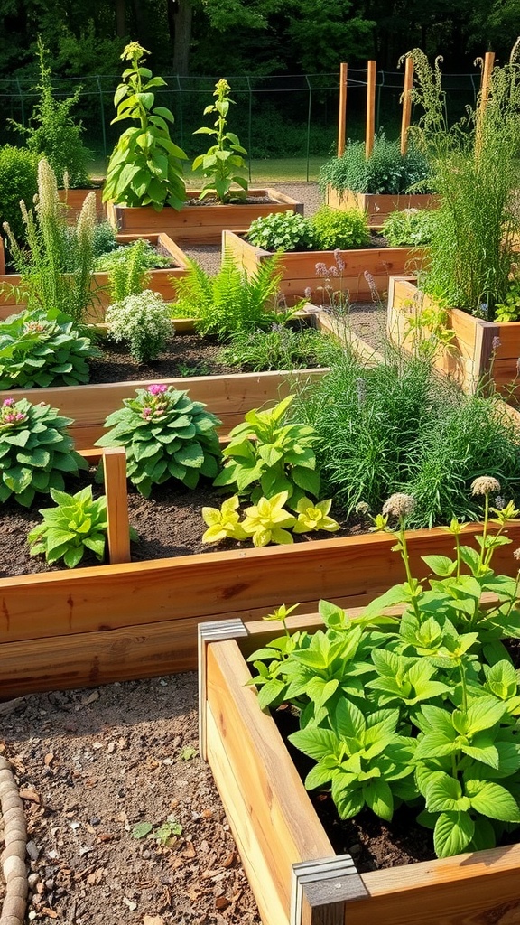 Image of raised garden beds filled with various plants in a sunny setting.