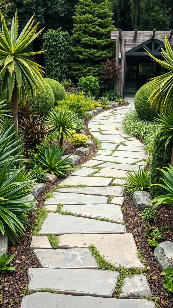 A stone pathway lined with lush greenery, showcasing a beautiful landscape design.
