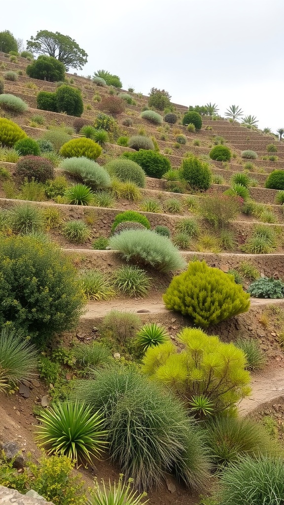 Terraced landscaping with various plants and shrubs on different levels of a slope