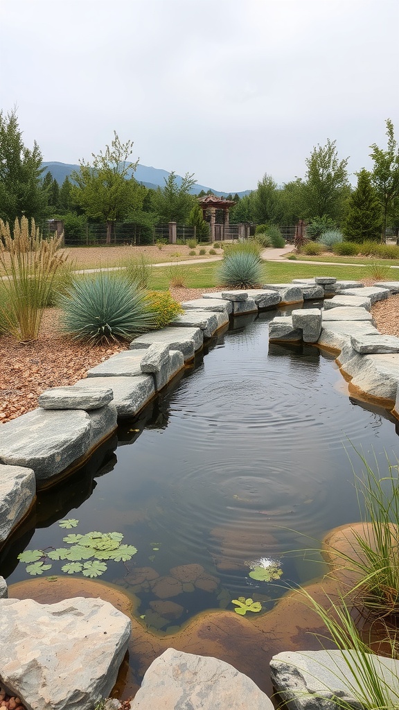 A tranquil pond surrounded by rocks and greenery, enhancing moisture and beauty in a fire-resistant landscape.