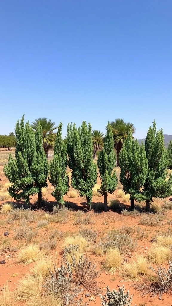 A row of tall, bushy trees in a dry landscape, serving as a windbreak.