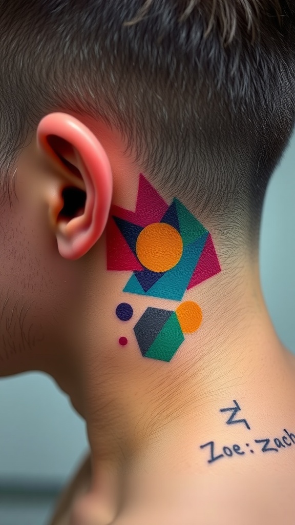 Colorful abstract tattoo behind the ear featuring geometric shapes.