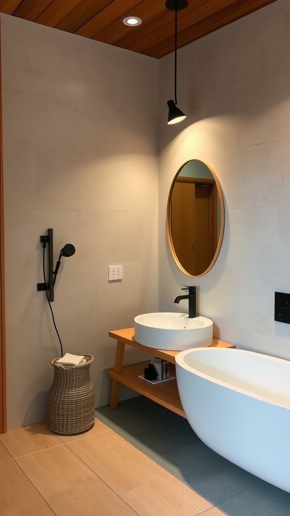 A Japandi-style bathroom featuring adjustable spotlights and a modern design.