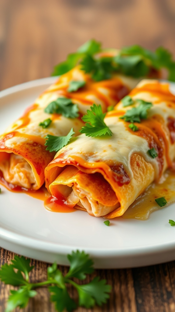 Delicious chicken enchiladas topped with cheese and cilantro on a plate