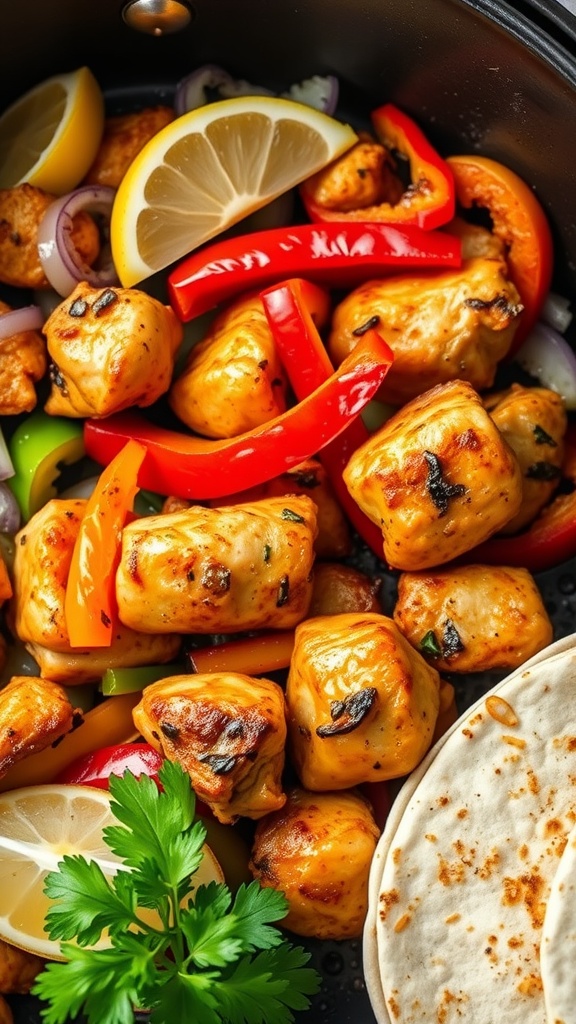 Colorful chicken fajitas prepared in an air fryer.
