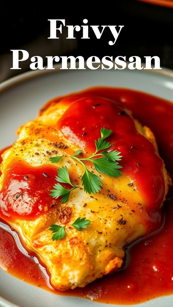 Air Fryer Chicken Parmesan served with marinara sauce and cheese.