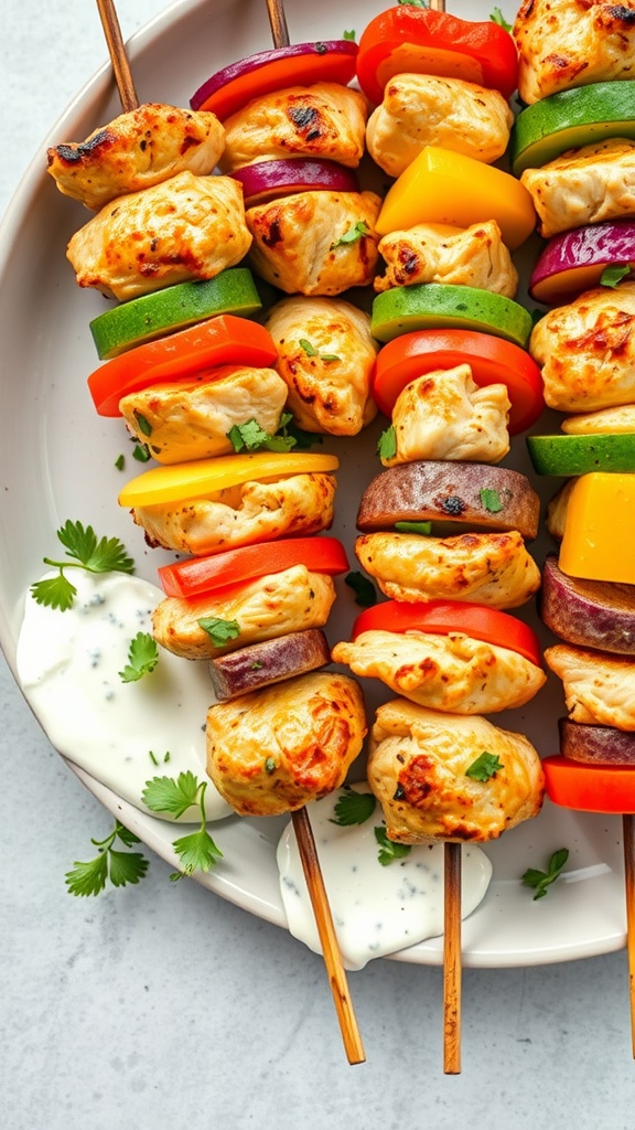 Delicious chicken air fryer Mediterranean kabobs with colorful vegetables