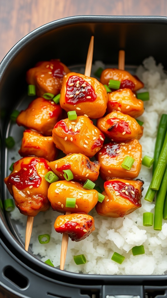 Delicious air fryer teriyaki chicken skewers served with rice and garnished with green onions.