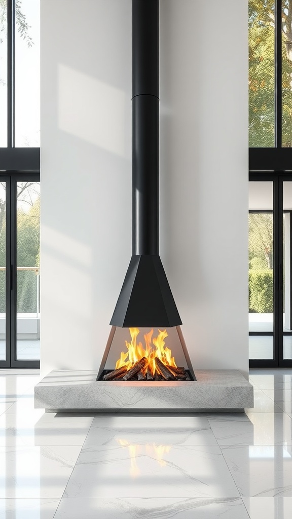 A modern gas fireplace with a black triangular design and a stone base, surrounded by large windows.