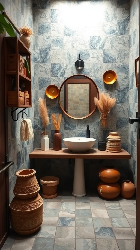 A beautifully designed Japandi bathroom featuring artisan accessories, earthy tones, and natural materials.