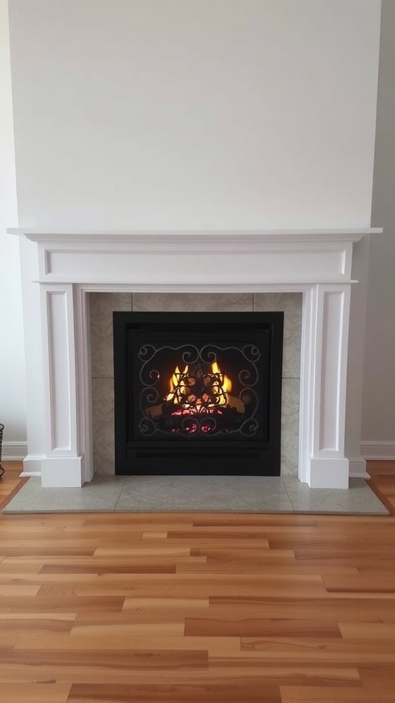 A modern gas fireplace with an artistic black screen, featuring intricate designs and a white mantel.