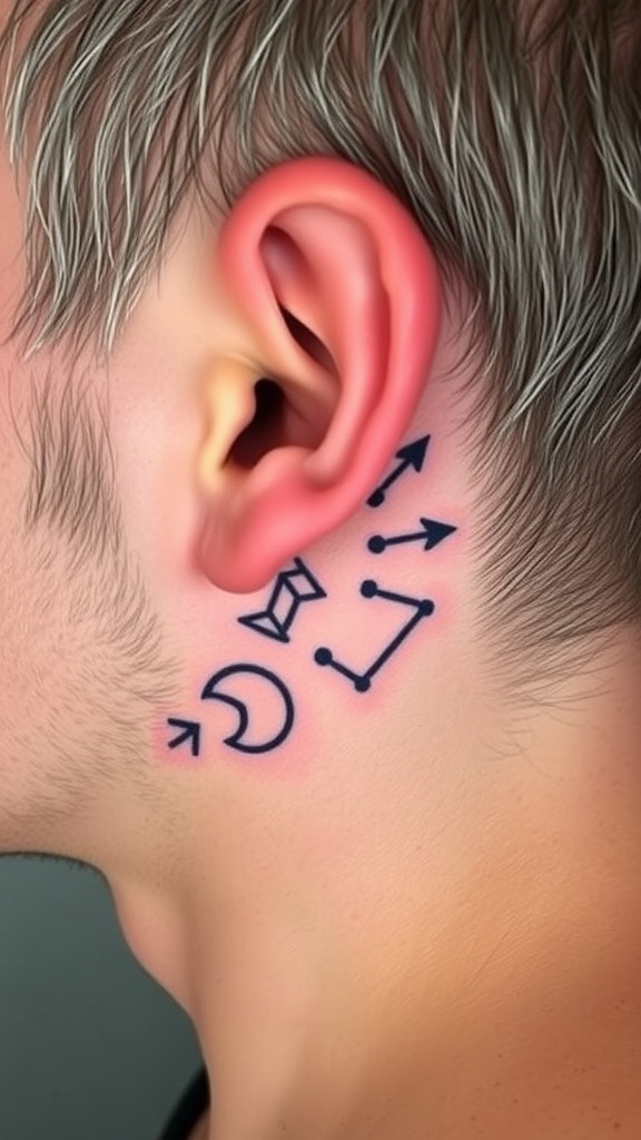 Behind the ear tattoos featuring various astrological symbols.