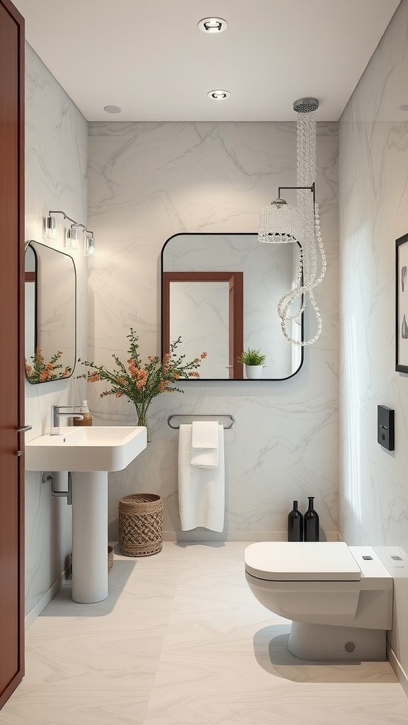 A modern Japandi bathroom featuring natural materials, elegant fixtures, and greenery.