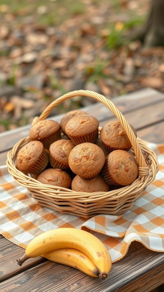 A basket of delicious banana bread muffins with ripe bananas beside it.