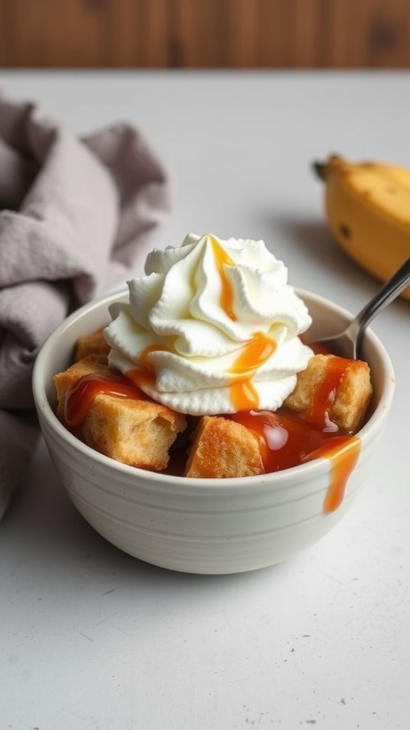 Delicious banana bread pudding topped with whipped cream and caramel sauce
