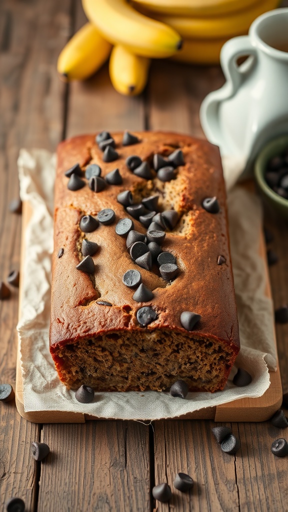 A loaf of chocolate chip banana bread with chocolate chips on top, surrounded by bananas.