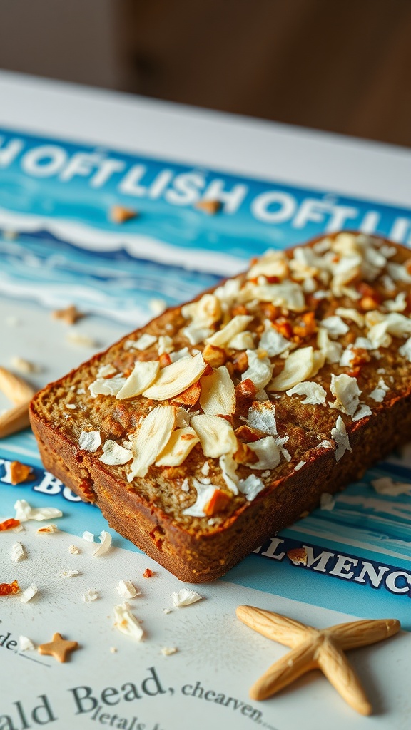 Delicious banana bread topped with coconut flakes, presented on a colorful background.