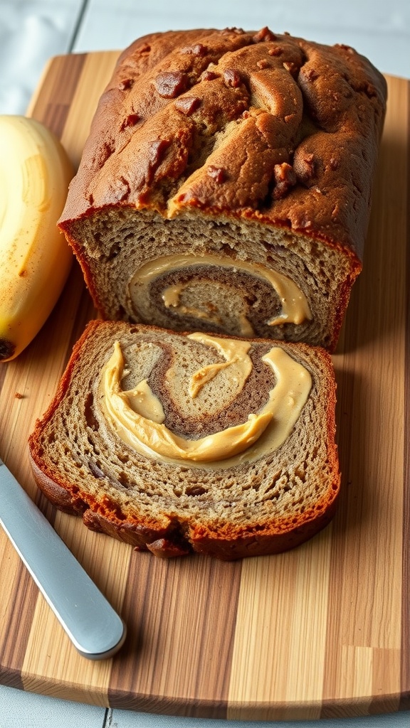A delicious loaf of banana bread with a creamy peanut butter swirl.