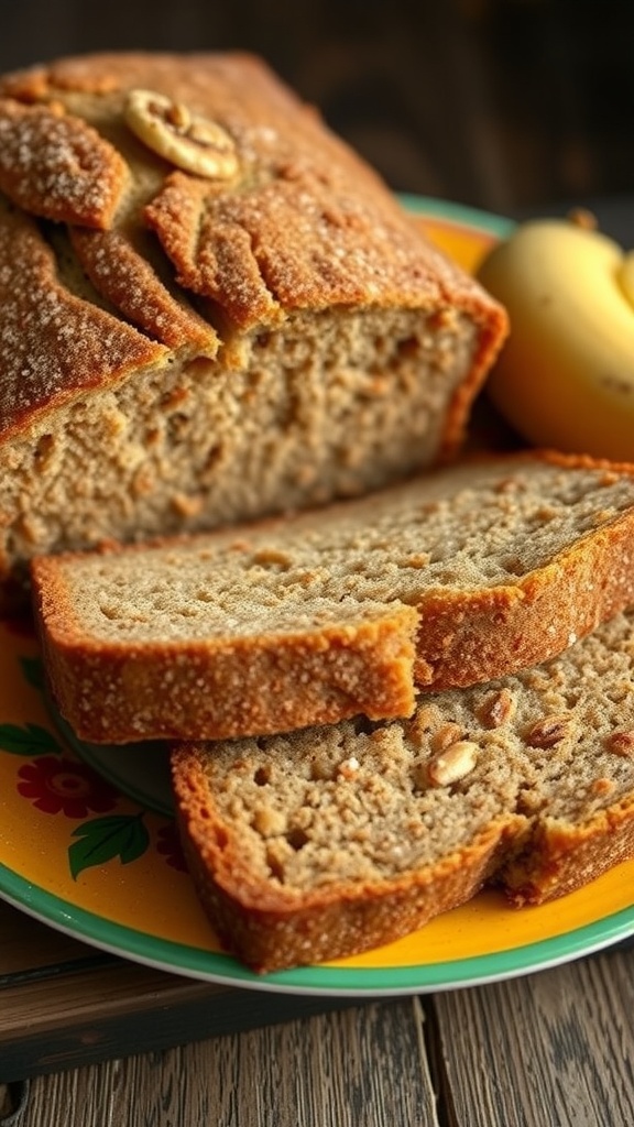 Banana nut bread slices on a colorful plate with whole bananas