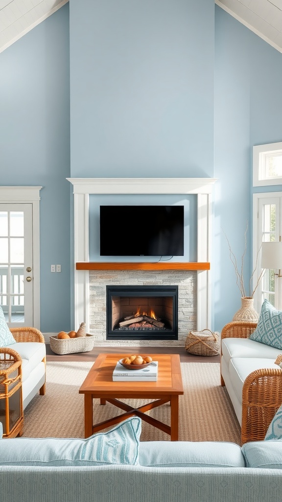 Cozy living room with a gas fireplace and TV above, featuring coastal decor.