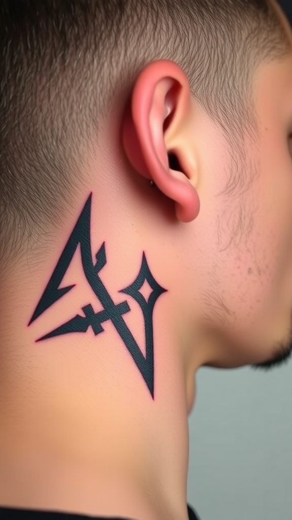 A close-up of a bold tribal tattoo design behind the ear on a man's neck.