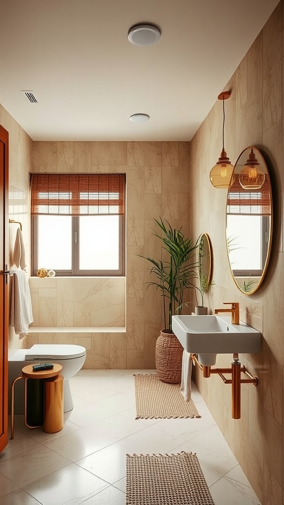 A modern bathroom featuring Japandi style with brass accents in light fixtures.