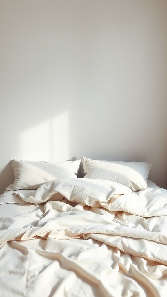 Minimalist bedroom with calming neutral bedding.