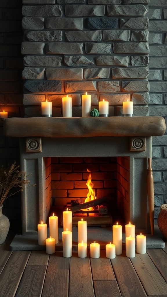 A rustic fireplace with candles lit around it, creating a cozy atmosphere.