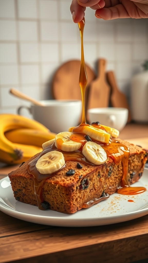 Caramelized banana topping drizzled over banana bread