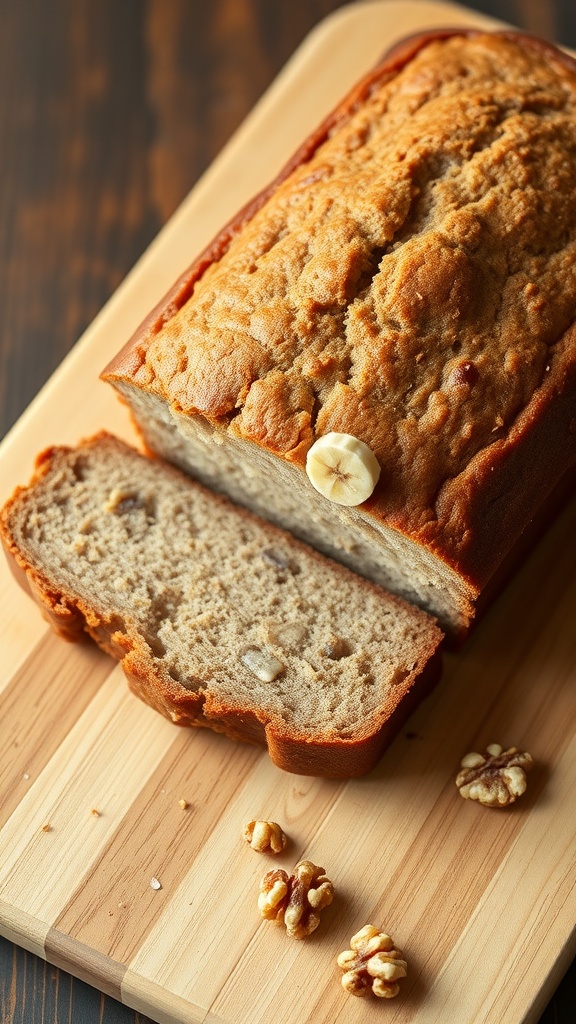 Sliced classic banana bread with walnuts on a wooden cutting board