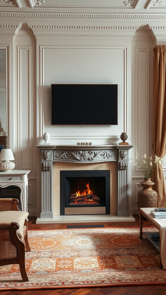 A living room featuring a gas fireplace with a classic mantel and a TV mounted above.