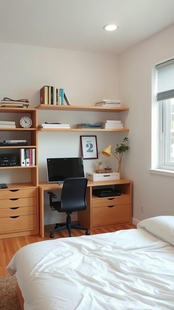 A minimalist bedroom featuring a bed, desk with computer, and shelves with books and a plant.