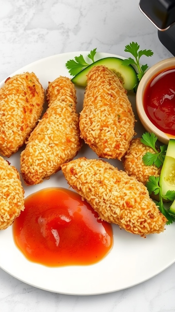 Coconut crusted air fryer chicken tenders served with dipping sauce and garnished with cucumber and herbs.